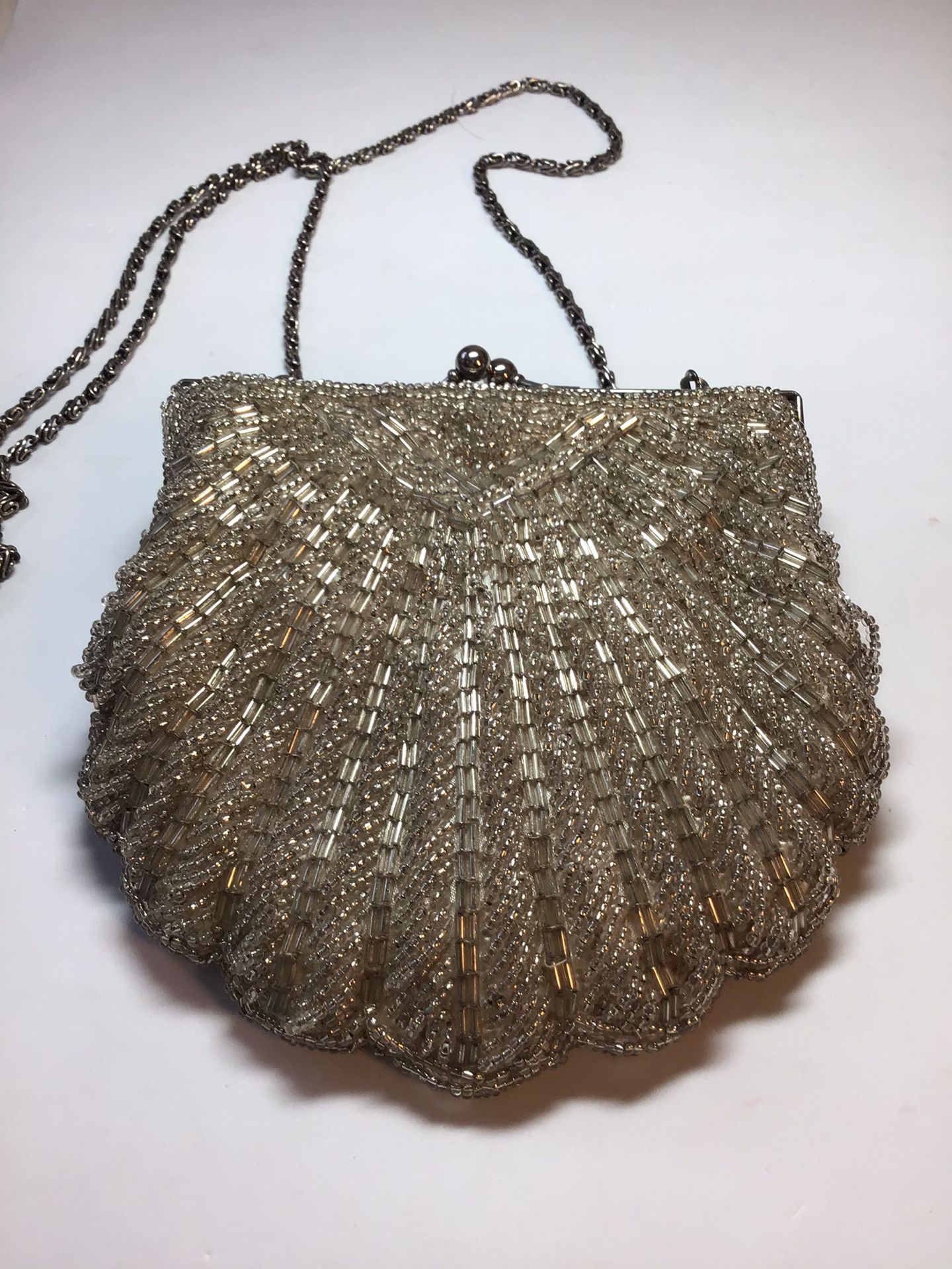 La Regale Vintage Silver Beaded Clam Shell & White Silk Lined Evening Bag  Long Chain Purse for Sale in Oakland Park, FL - OfferUp