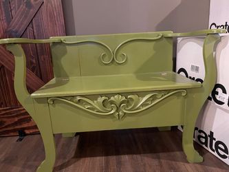 Green Painted Wood Bench with Ornate Carved Detail