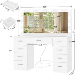 🥨Vanity Desk with Large Lighted Mirror and Power Outlet, 46" Makeup Vanity with 9 Drawers and Glass Desktop, Vanity Table with 12 LED Lights