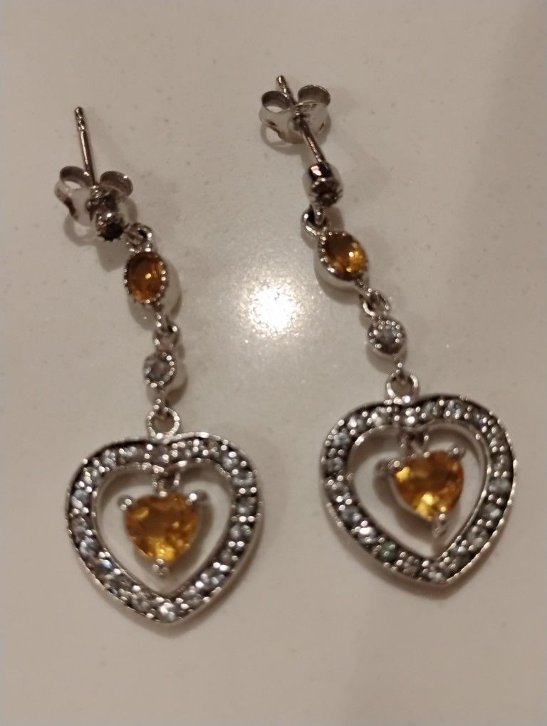 GemsTV Earrings Long Sterling Silver Citrine White Topaz Hearts Posts