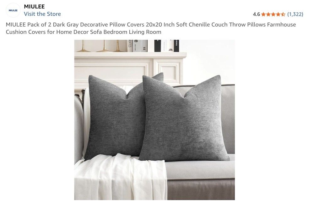 MIULEE Pack of 2 Dark Gray Decorative Pillow Covers 20x20 Inch Soft Chenille Couch Throw Pillows Farmhouse Cushion Covers for Home Decor Sofa Bedroom 