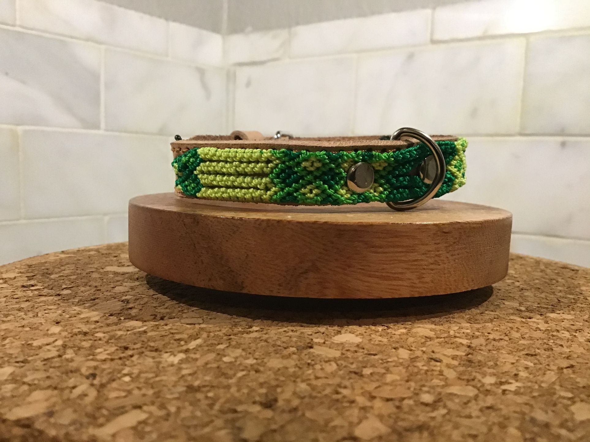Handmade Dog Collar – 10” XS – Green & Yellow Artisan Weave