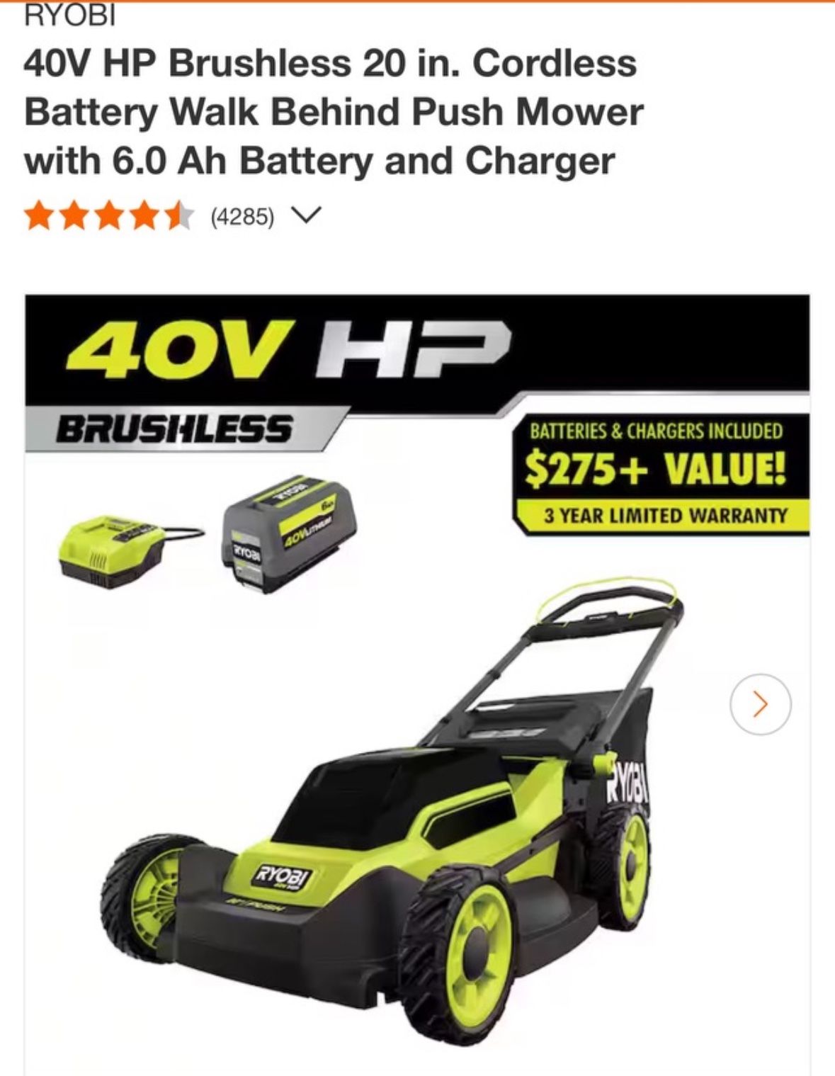 RYOBI 40V HP Brushless 20 in. Cordless Battery Walk Behind Push Mower with 6.0 Ah Battery and Charger