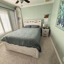 Queen Bed With Nightstand, Mattress And Box Spring