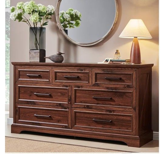 Drawer Dresser, Farmhouse Chest of Drawers for Bedroom, 52" Wide Kids Dresser TV Stand with Large Metal Handles, Wood Drawer Organizer for Living Room