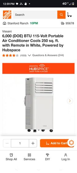 Vissani Ac 6,000 (DOE) BTU 115-Volt Portable Air Conditioner Cools 250 sq. ft. with Remote in White, Powered by Hubspace