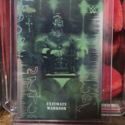 2025 Topps Chrome WWE x Cactus Jack trading card featuring the wrestler Ultimate Warrior SSP.