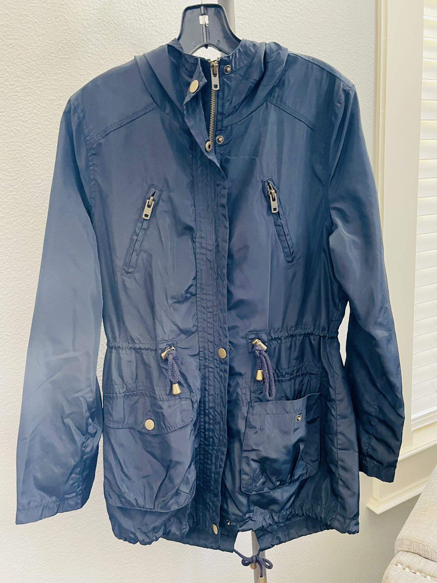 Forever 21 Navy Blue Rain Jacket with Gray Hood