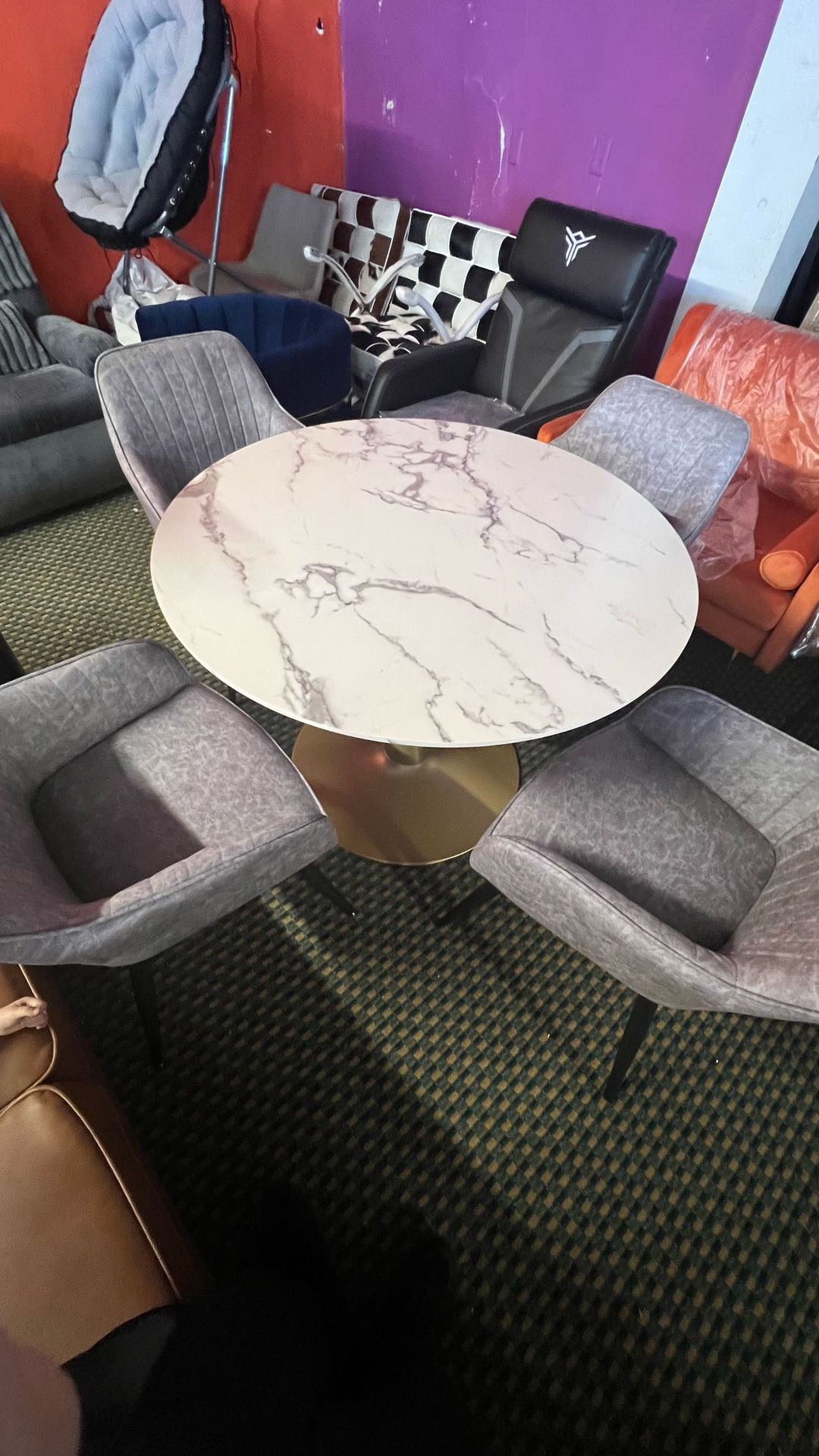 39.5" Round Dining Table - Gold Base, Marble MDF Tabletop Includes 4 Dining Chairs