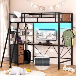 Loft Bed Twin Size with L-Shaped Desk, LED Lights Charging Station, Storage Shelves, Pegboards Black