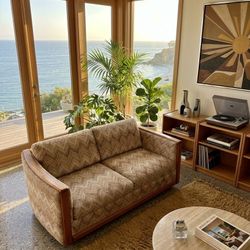 Vintage Retro 70s Sofa Loveseat Couch Oak Trim Textured Tweed Fabric Organic Modern Hippie Boho Chic