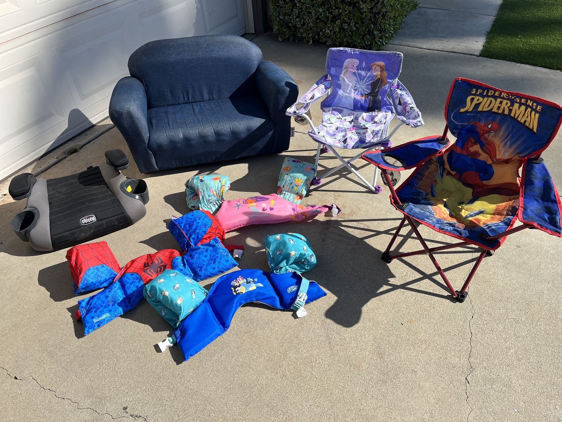 $50 Bundle Kids Couch, Booster Seat, Chairs, Life Vests, Swimsuits