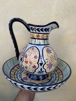 Capriware vintage pitcher and bowl hand painted
