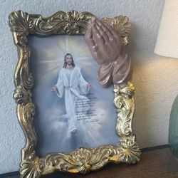 Ornate Framed Religious Print of Jesus with Praying Hands and Resurrection Poem