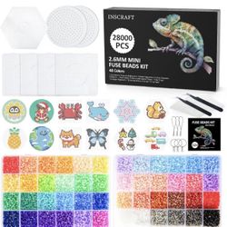 INSCRAFT 28,000 Mini Fuse Beads, 2.6mm 48 Colors Melty Beads with 7 Pegboards 15 Ironing Sheets 2 Tweezers 2 Ironing Papers & 6 Chain Accessories
