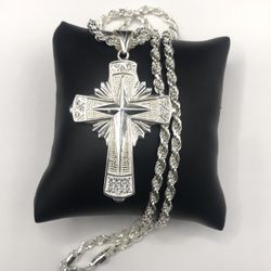 925 Sterling Silver Cross Pendant Rope Chain men’s Necklace 22”