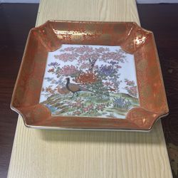 Vintage Toyo Japan Square Dish/bowl With Pheasants And Beautiful Floral Design With Red And Gold Trim