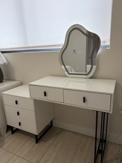 White Vanity Desk with LED Mirror and Drawers