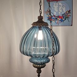 BLUE Mushroom Moriage Vintage Falkenstein Glass Hanging Swag Lamp Retro 