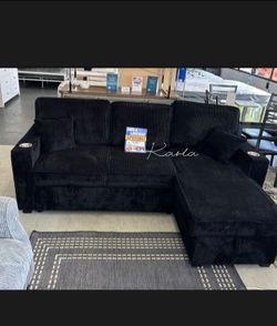 Stylish ‼️ Reversible 2-pc sectional sofa with pull-out bed & storage black Corduroy