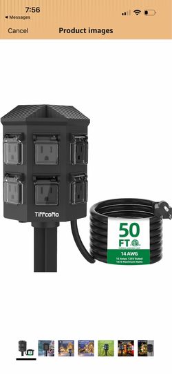 , TiffcoFio Outdoor Power Stake 6 Outlets with 50ft Extension Cord