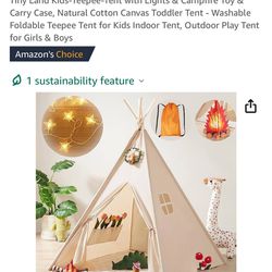 Tiny Land Kids-Teepee-Tent with Lights & Campfire Toy & Carry Case, Natural Cotton Canvas Toddler Tent - Washable Foldable Teepee Tent for Kids Indoor