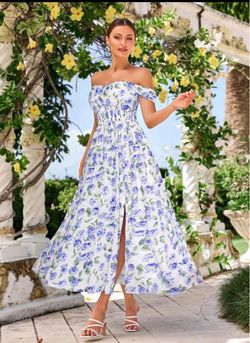 Off-Shoulder Floral Midi Dress with Slit