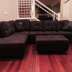Dark Brown Soft Microfiber Sectional Couch And Ottoman