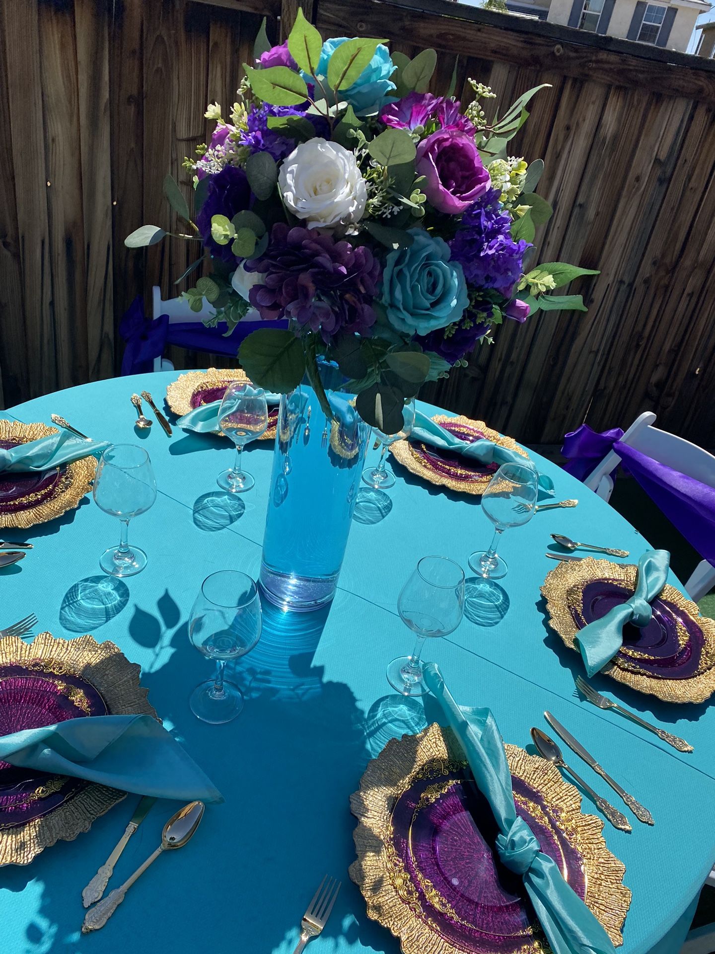 Purple, Turquoise And White Silk Flower Centerpieces