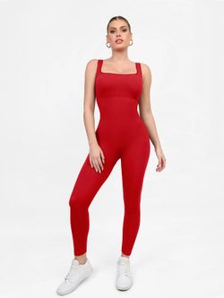 Red Seamless Square Neck Jumpsuit Popilush Size Large