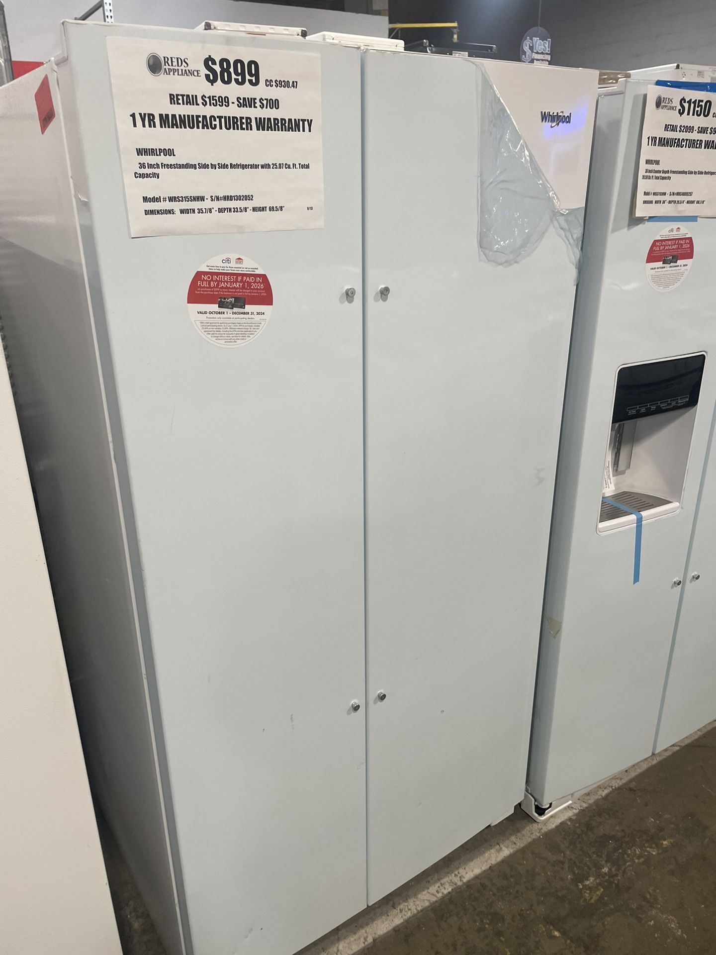 Whirlpool White Side By Side Refrigerator New