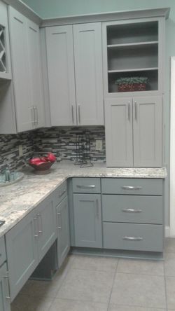 Premium blue and grey solid wood cabinets. Simply the best!