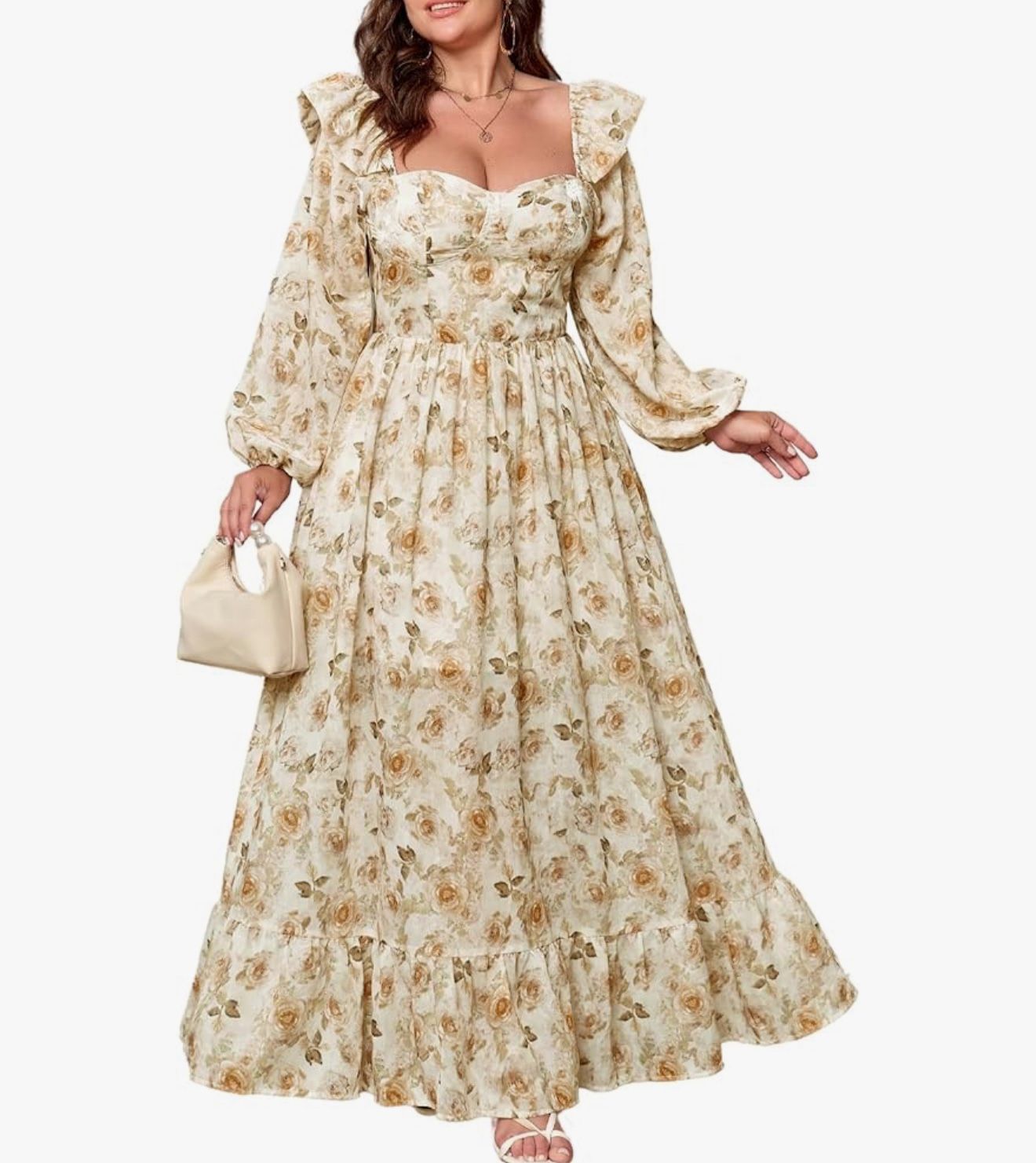 EYWOL Floral Puff Long Sleeve Maxi Dress Sweetheart Corset Boho Chiffon Size XL