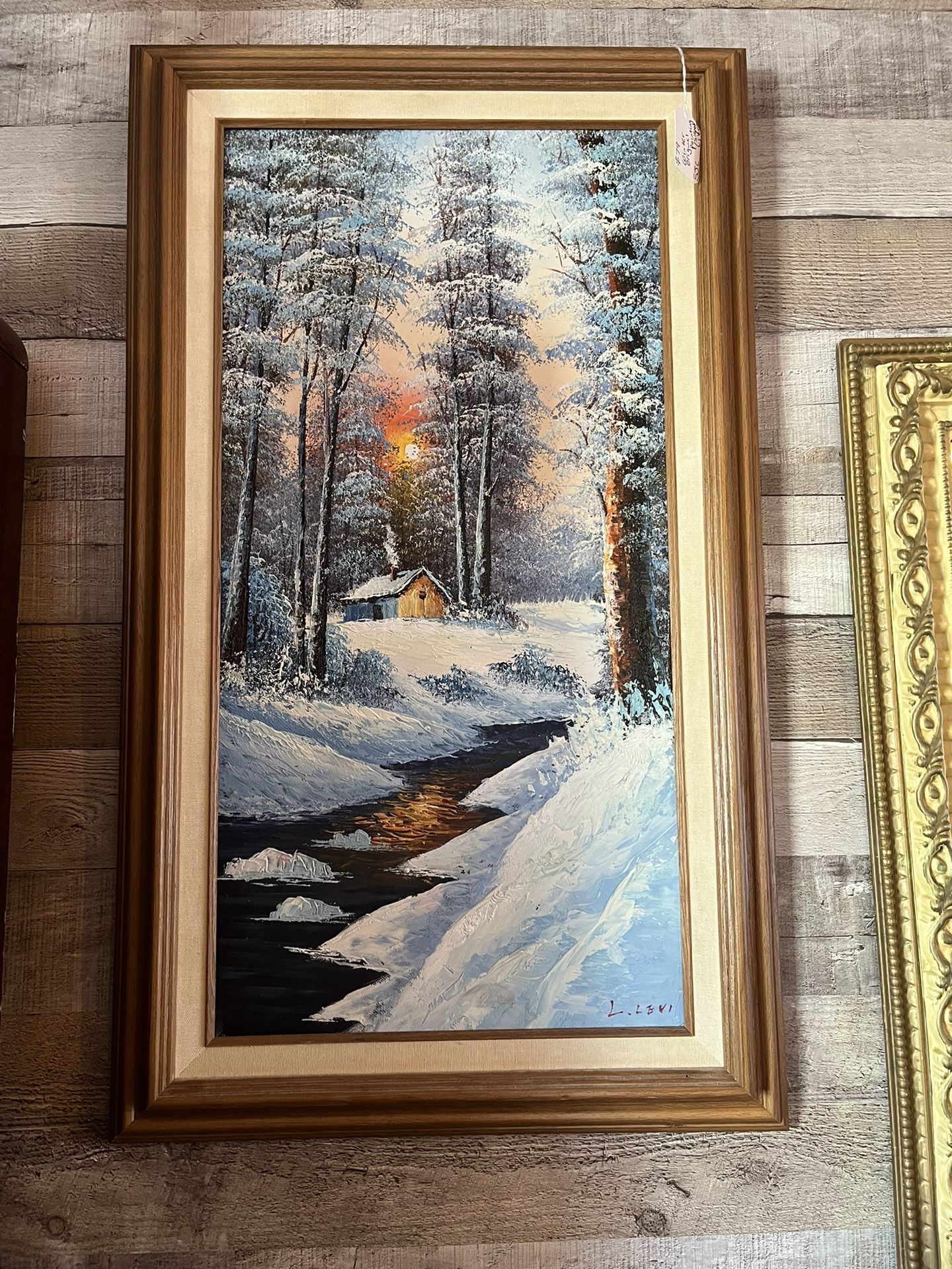 Beautiful Vintage framed original winter scenery painting frame size 29 x 17 in signed by L.Levi