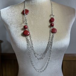 Long layered red bead silver tone necklace