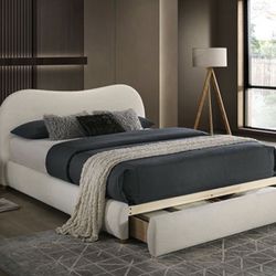 - Platform Bed With Storage Drawer- Modern Style Velvet Boucle Fabric -