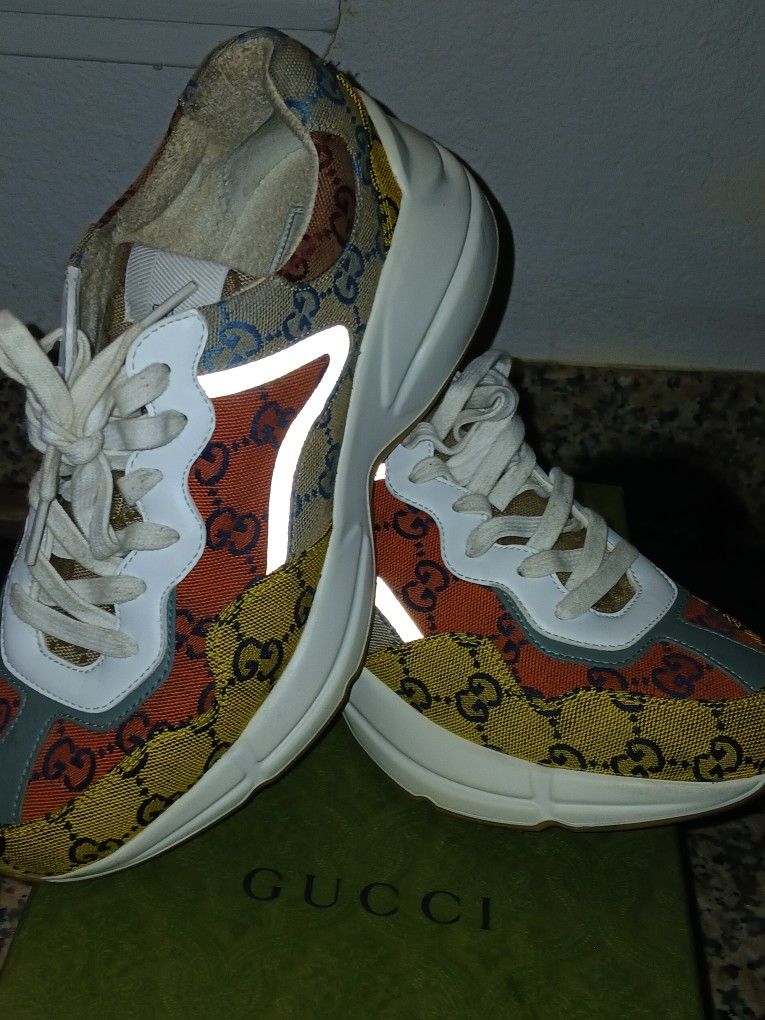 Auth Gucci Rhyton Sneakers Multicolor Canvas Fabric Leather Size Eu 39. 8.5 US