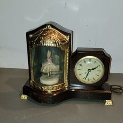 1950S UNITED SESSIONS ANIMATED BALLERINA  DANCING GIRL ELECTRIC  WOODEN/ BRASS TABLE CLOCK 10 X12 1/2