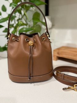Authentic Tory Burch Brown Leather Bucket Bag, used condition