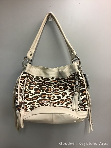 B. Makowsky Bucket New with Tags Leapord Print A3959 Ivory Leather Hobo Bag Measurements: 16"L x 7"W x 11.5"H