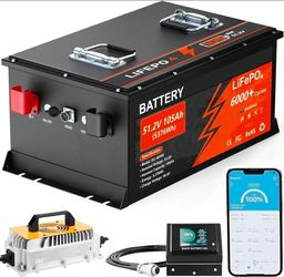 48V 105Ah Lithium Golf Cart Battery, 6000+ Cycles Rechargeable LiFePO4 Battery with 58.4V 18A Charger,