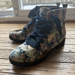 Floral Print Suede Combat Boot 