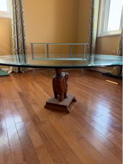 Statement Glass Coffee Table | Hand-Carved Wood Base | Afrocentric Art Piece