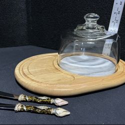 Vintage Marble and Wood Cheeseboard with Glass Dome With 2 knifes