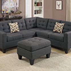Brand New Grey Linen Sectional Free Ottoman 