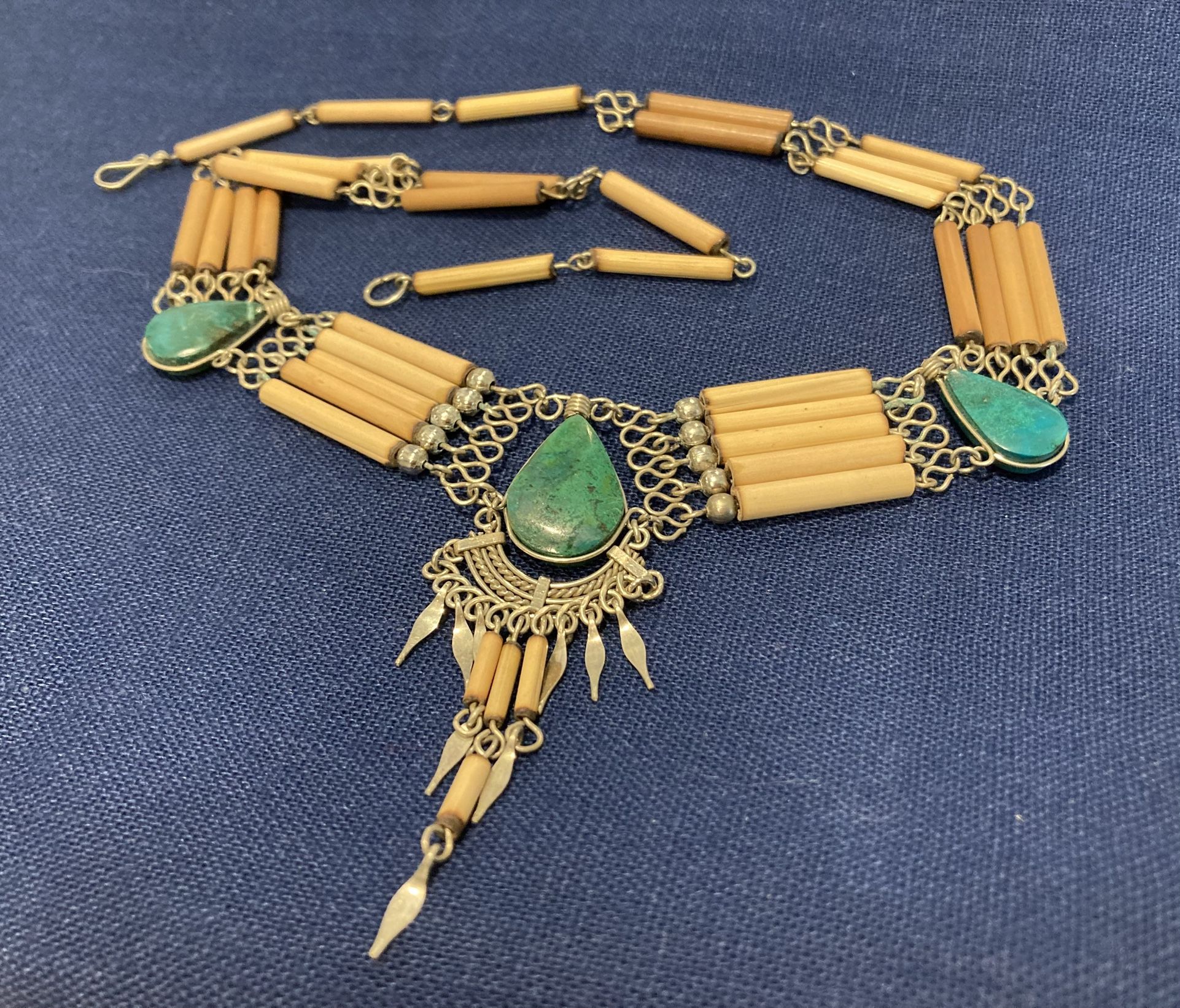 Turquoise And Bamboo Necklace Alpaca Wire