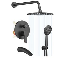 Shower System with Tub Spout, Black Bathtub Shower Faucet Set with 3-Way Pressure Balance Valve Kit, 10" Rain Head with Handheld Spray, Matte Black