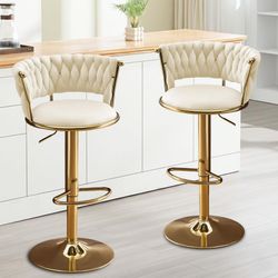 Set Of 2 - Beige / Ivory Velvet Braided Back Swivel Bar / Counter Adjustable Height Stools / Chairs w/ Gold Base [NEW] **Retails For $265 