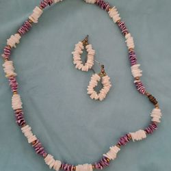 Purple White Puka Shells Necklace Earrings 