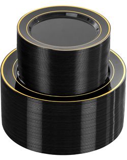 Black and Gold Plastic Plate Set 100PC